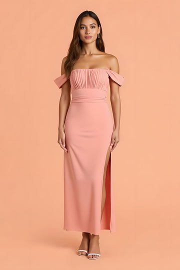 Off The Shoulder Blush Sheath Ankle Length Bridesmaid Dress With Slit